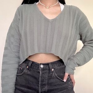 TWIK Green Vneck Crop Ribbed Sweater